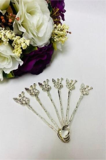 Biterse 6 Adet Çay Kaşığı Japon Çiçeği Tasarımlı Gümüş Renk