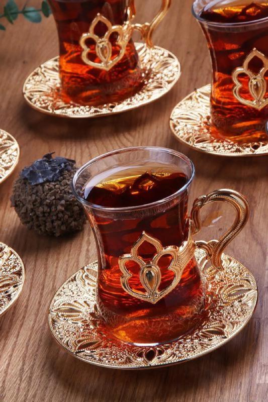 6 Kişilik Lüks Harman Çay Seti Otantik Çay Bardağı Takımı Gold