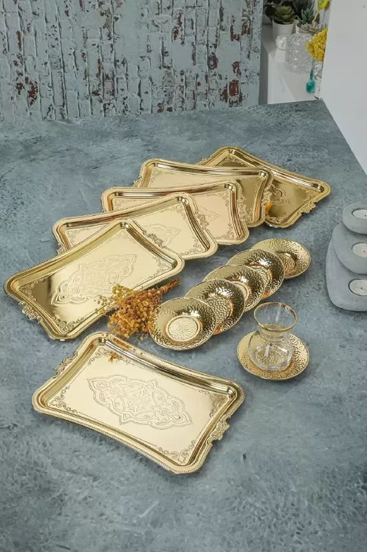 1 Adet Gold Dekoratif Metal Sunum Tepsisi Tek Kişilik Sunum Tepsisi 25 x 17 cm