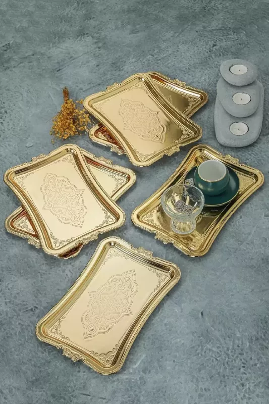 1 Adet Gold Dekoratif Metal Sunum Tepsisi Tek Kişilik Sunum Tepsisi 25 x 17 cm