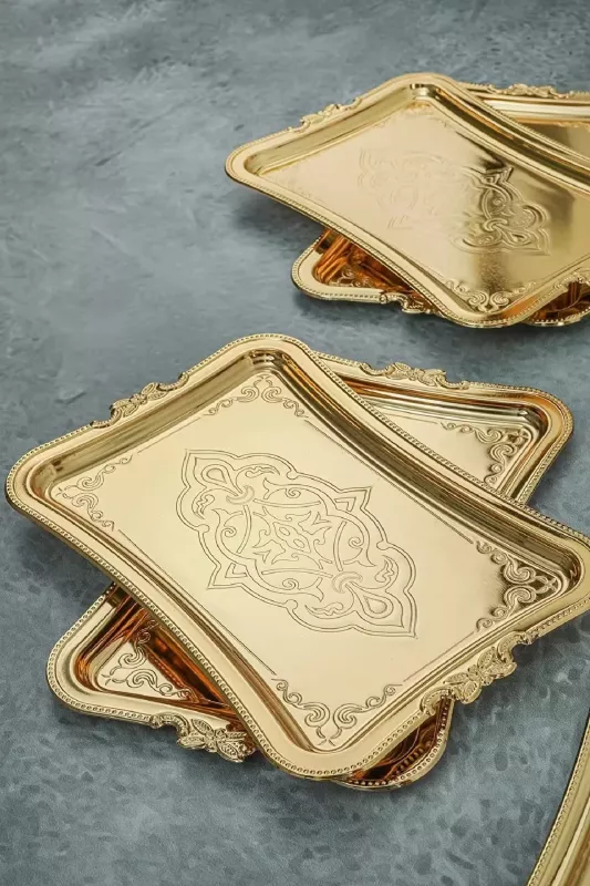 1 Adet Gold Dekoratif Metal Sunum Tepsisi Tek Kişilik Sunum Tepsisi 25 x 17 cm