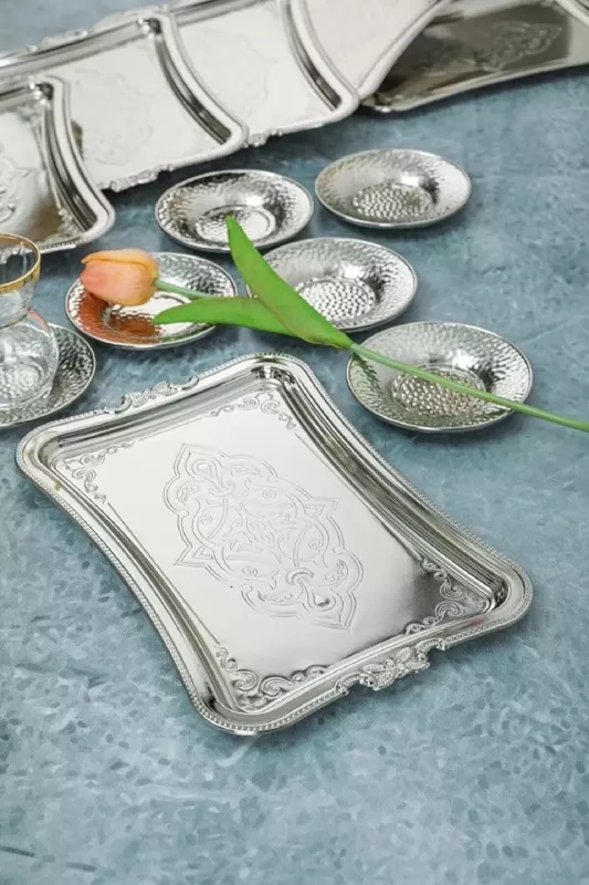 1 Adet Gümüş Dekoratif Metal Sunum Tepsisi Tek Kişilik Sunum Tepsisi 25 x 17 cm