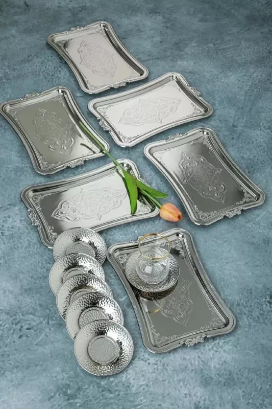 1 Adet Gümüş Dekoratif Metal Sunum Tepsisi Tek Kişilik Sunum Tepsisi 25 x 17 cm