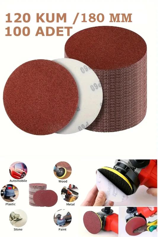 100 Adet 120 Kum Cırtlı Zımpara Pedi 180 mm Ahşap Plastik Metal Yüzey