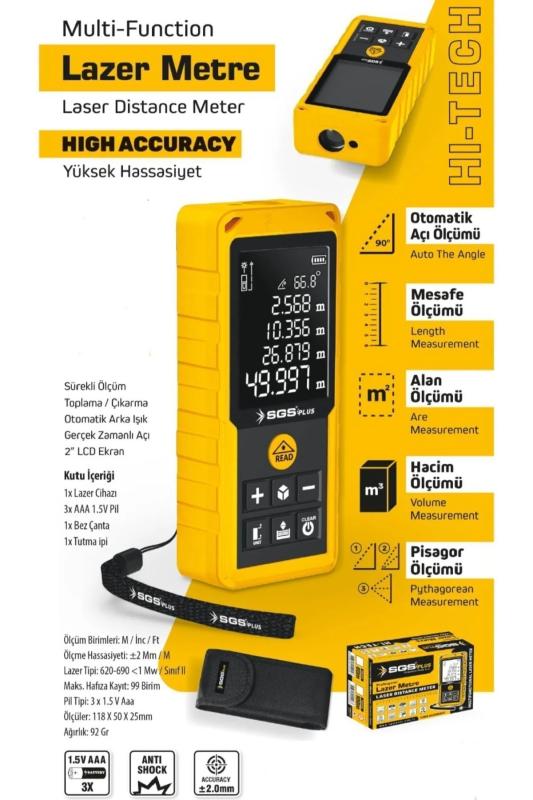 100 Metre Dijital LCD Ekranlı Lazer Metre Açı Ölçümü Hacim Ölçümü Alan Ölçümü Pisagor Hassas Ölçüm