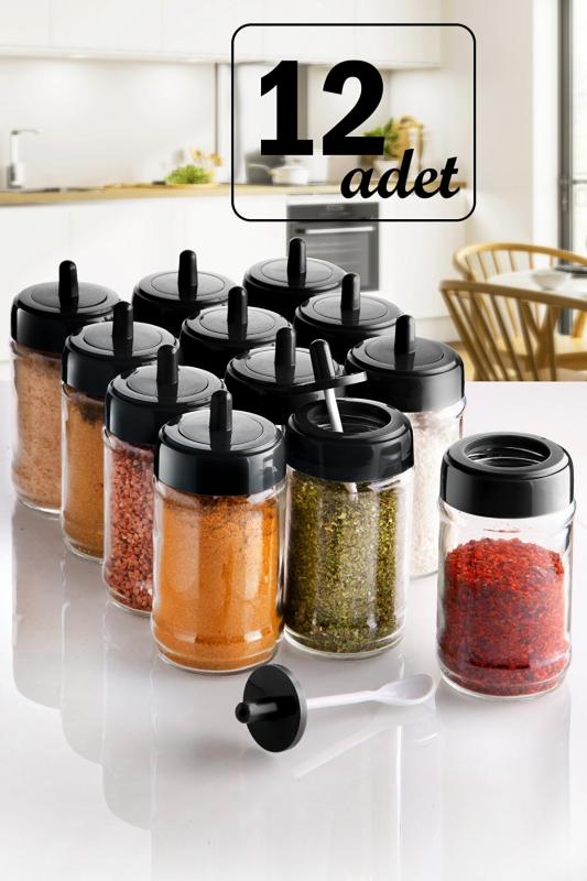 12 Adet Kapağı Kendinden Kaşıklı ve Etiketli Baharatlık Seti 300 ml Cam - Etiket