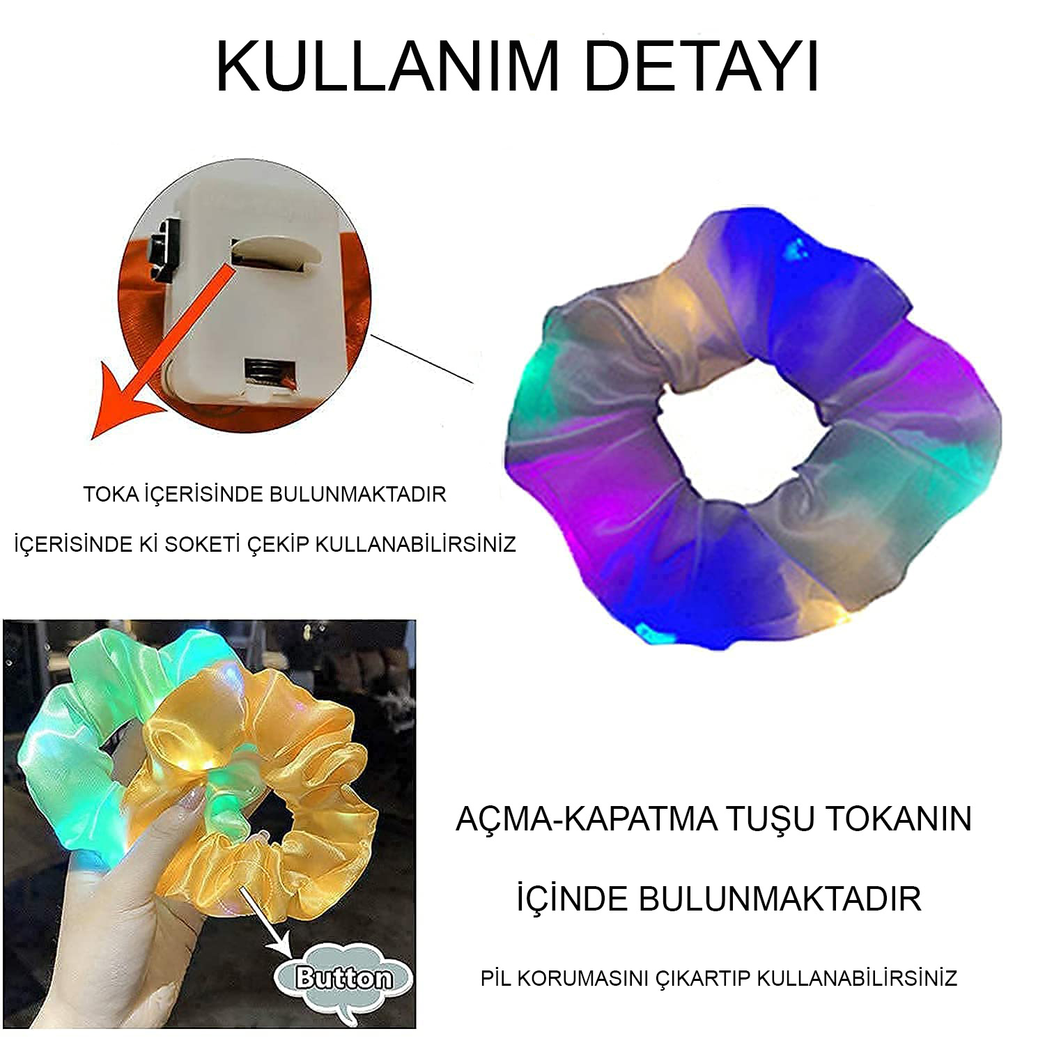 Soft Mavi Renk LED Işıklı Lastikli Saç Tokası - 3 Modlu