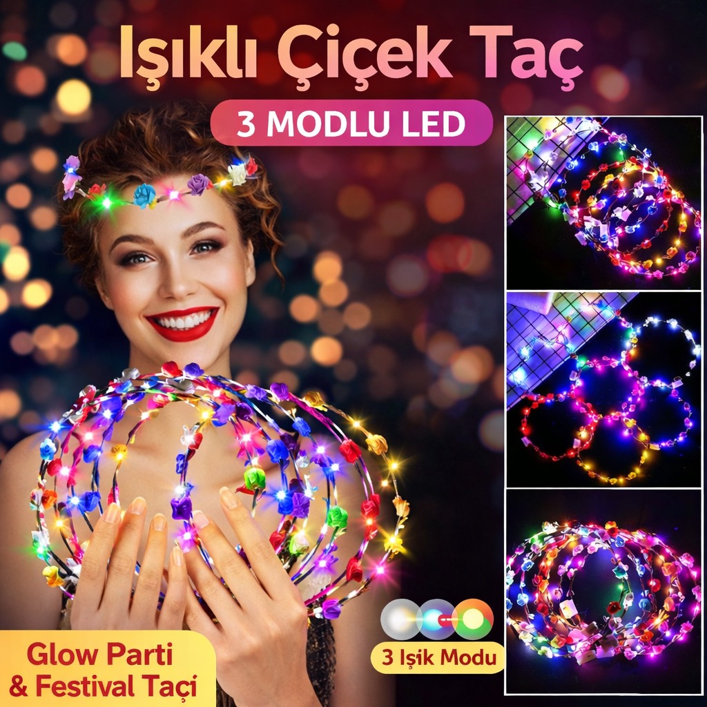 Renkli LED Çiçek Taç – 3 Işık Modlu