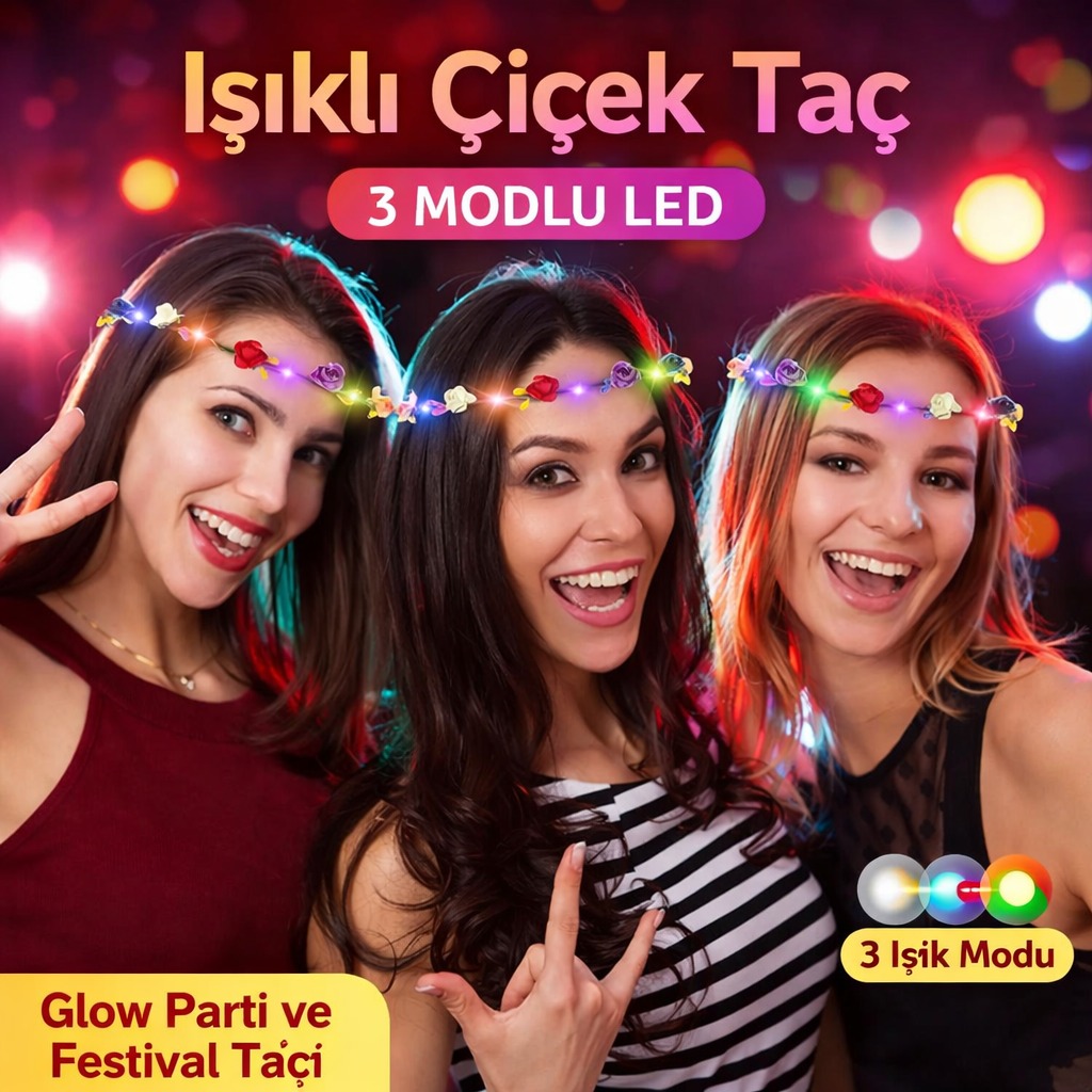 Renkli LED Çiçek Taç – 3 Işık Modlu