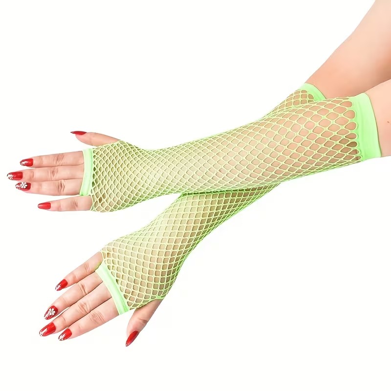 Retro Neon Yeşil File Parmaksız Eldiven 26 cm
