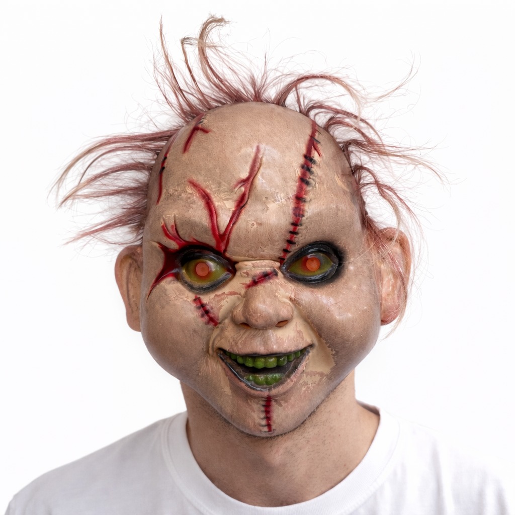 Saçlı Chucky Korku Maskesi – Gerçekçi Dikişli ve Detaylı Maske