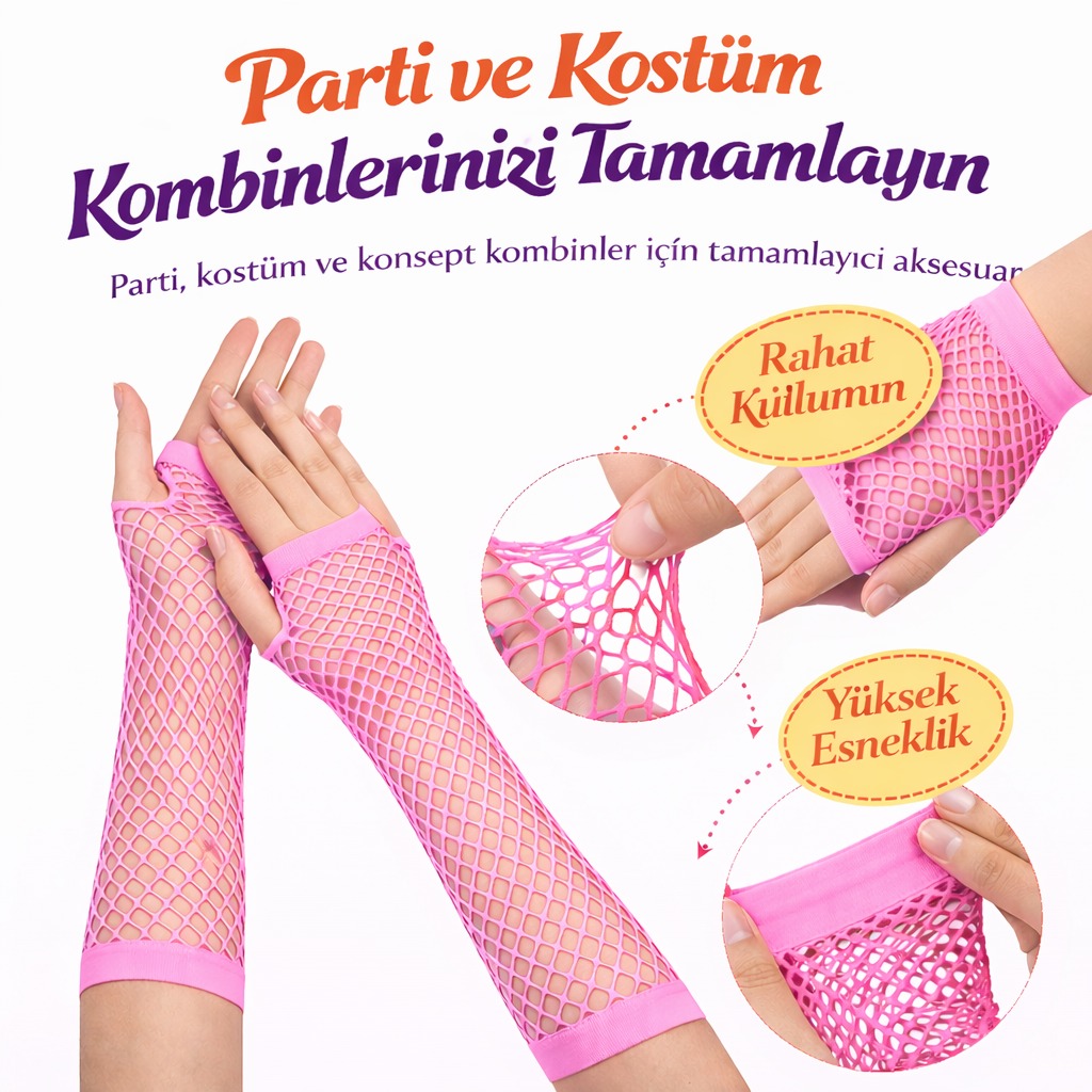 Retro Neon Pembe File Parmaksız Eldiven 26 cm