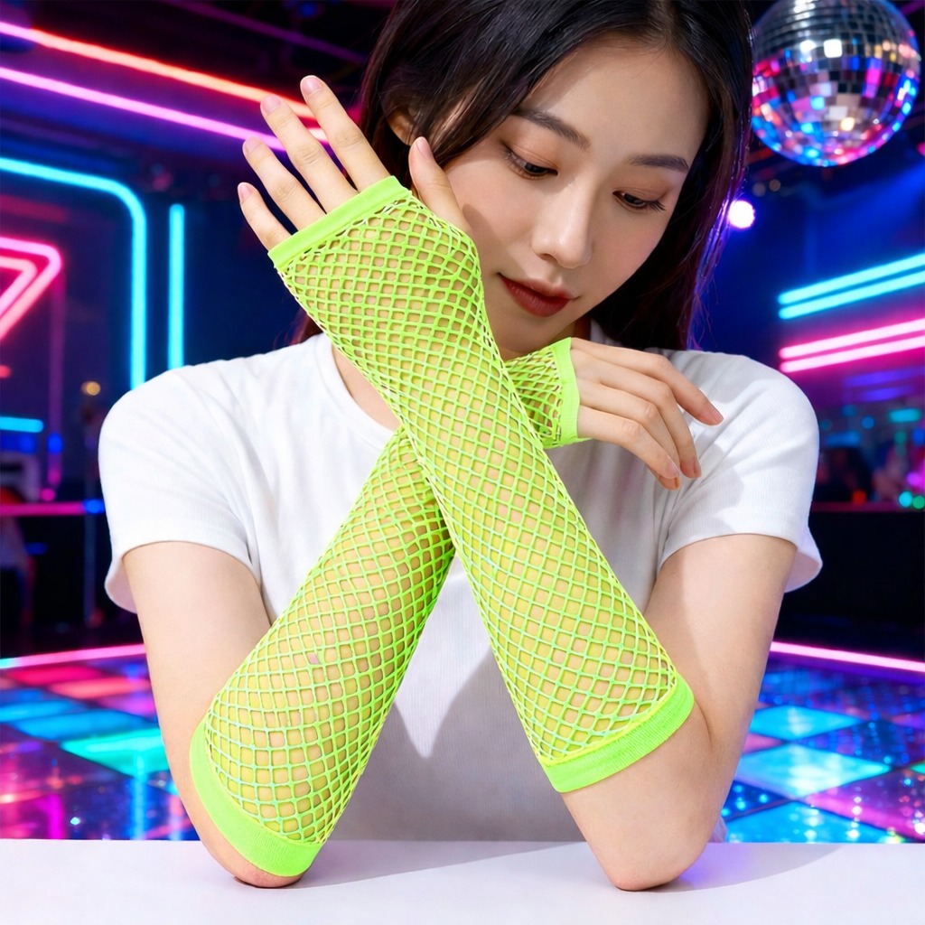 Retro Neon Yeşil File Parmaksız Eldiven 26 cm