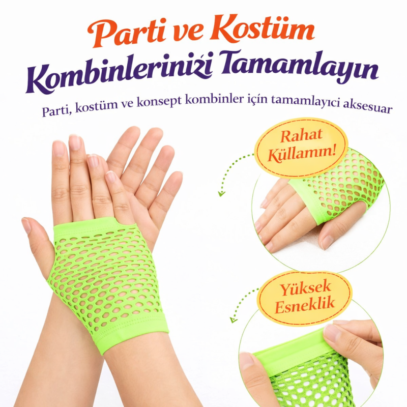 Retro Neon Yeşil File Parmaksız Kısa Eldiven 11 cm