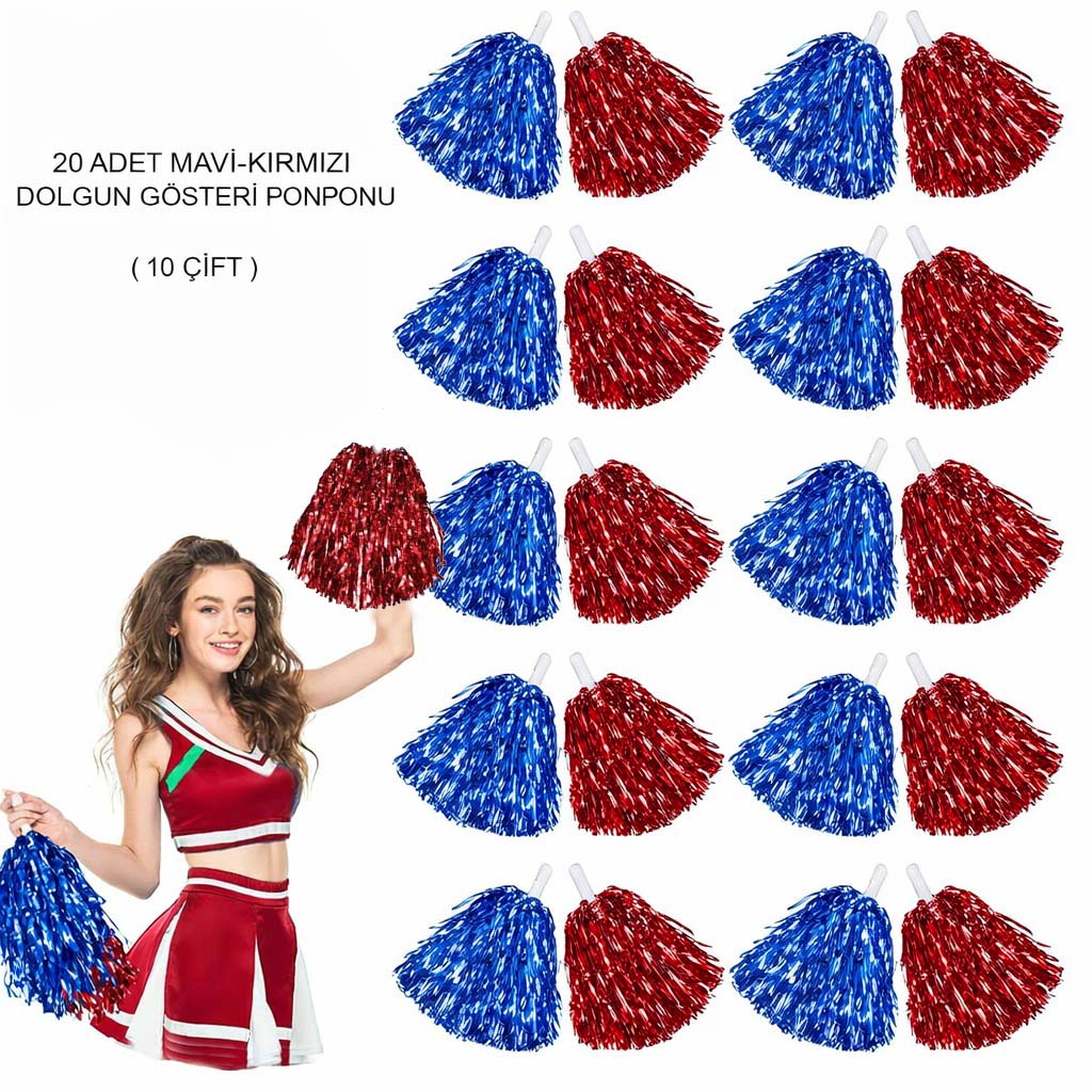 Kırmızı - Mavi Metalik Dolgun Gösteri Ponponu 20 Adet (10 Çift)
