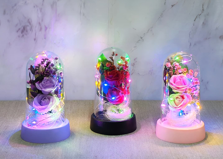 Işıklı Müzikli Romantik Fanus Tekli Gül