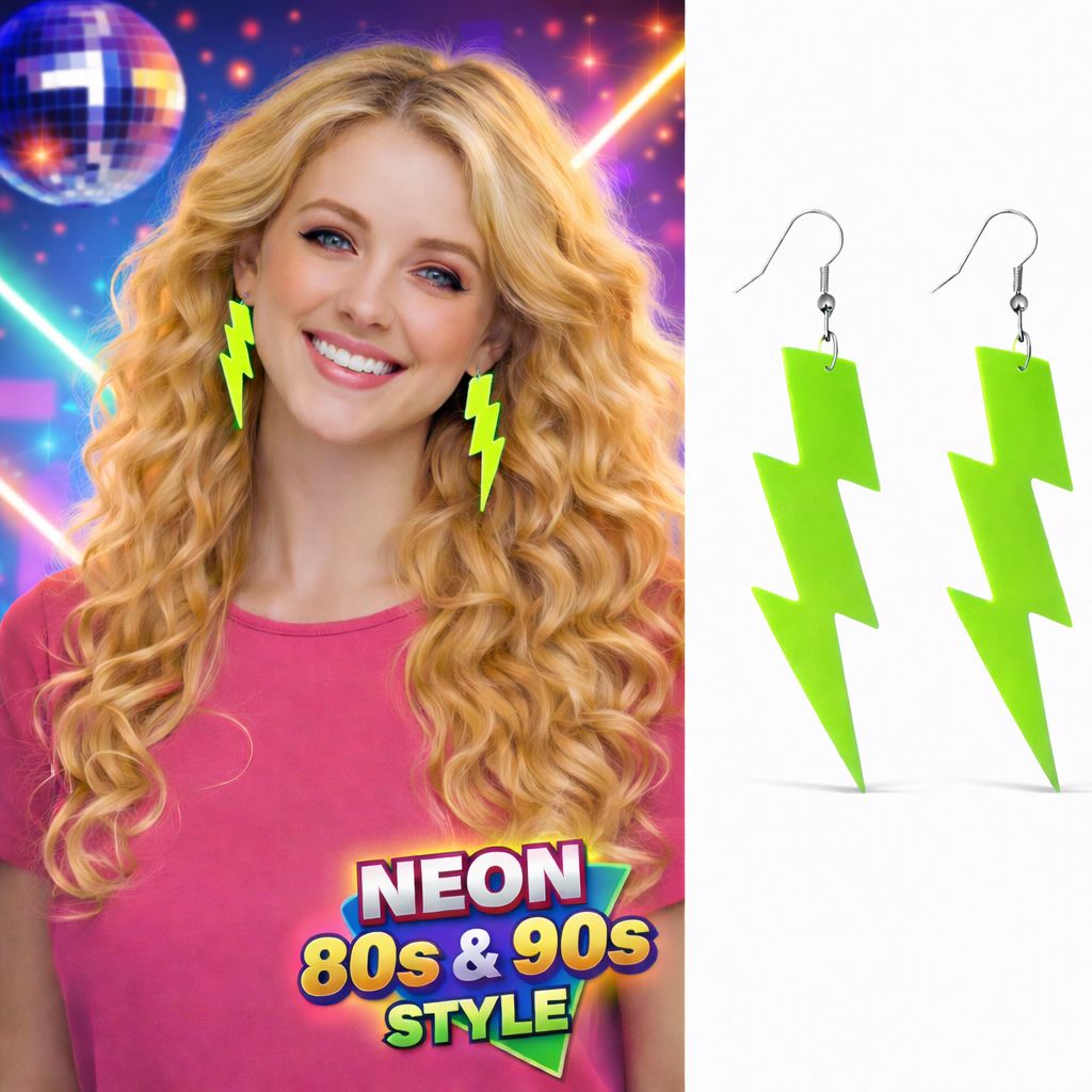 80’ler 90’lar Retro Neon Yeşil Şimşek Küpe 10 cm