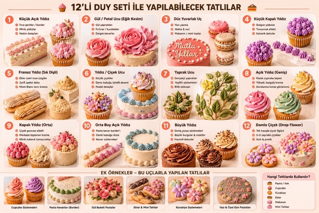 Profesyonel Pastalar İçin Tam Donanımlı 12’li Dekorasyon Seti (Paslanmaz Çelik Duy Seti)
