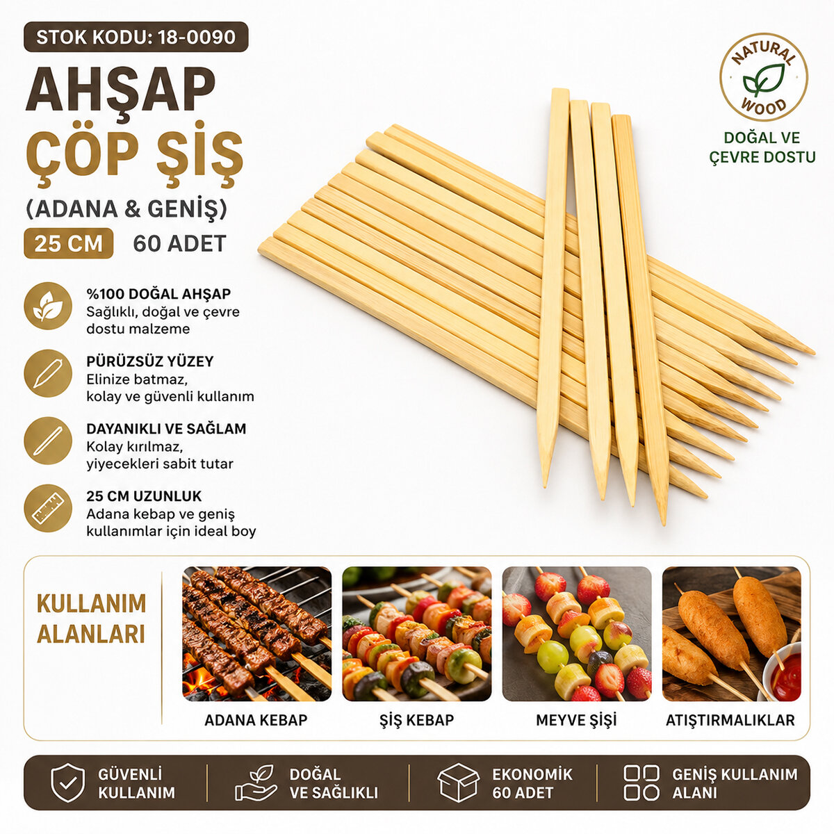 20 Adet Ahşap Geniş Çöp Şiş - Adana Kebap Şişi - 25 cm