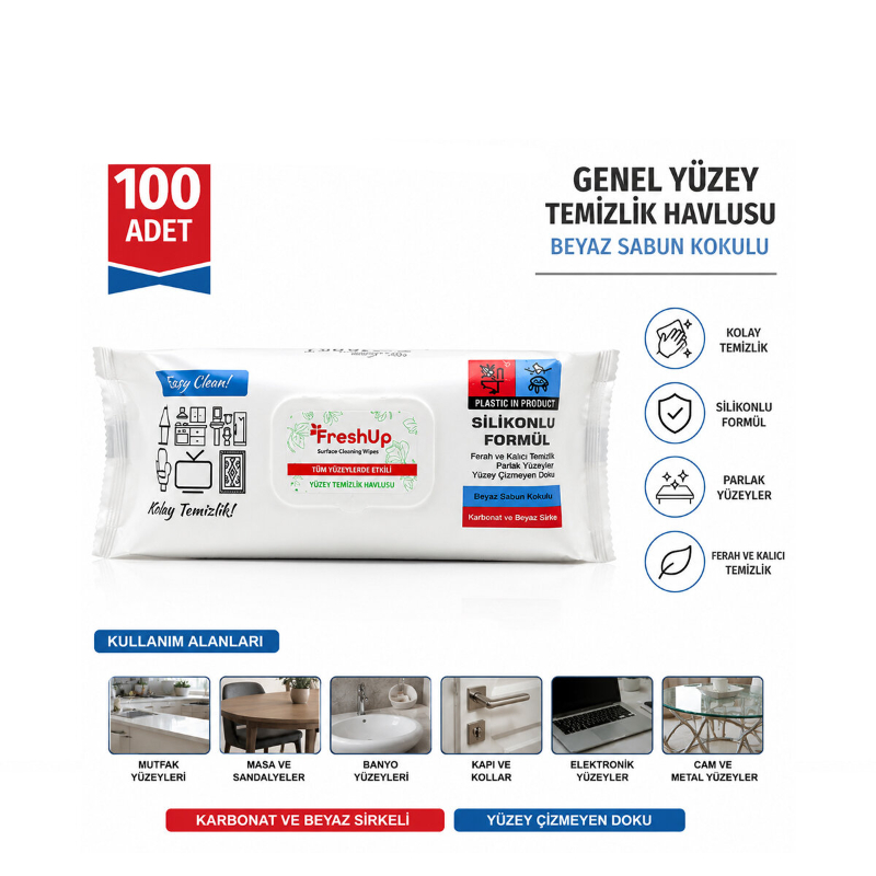 Genel Yüzey Temizlik Havlusu - 100’lü Paket - Beyaz Sabun Kokulu Islak Mendil