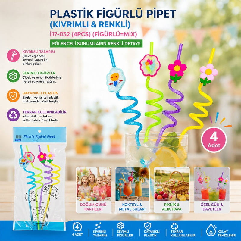 Kıvrımlı Renkli Plastik Pipet - Figürlü Tasarım - 4’lü Paket
