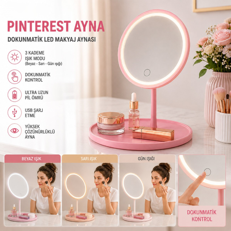 Yuvarlak Işıklı Makyaj Aynası - Dokunmatik - 3 Kademe Işık Seviyesi - USB Şarjlı - Takı Tepsili