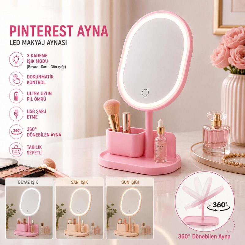 Işıklı Oval Makyaj Aynası - Dokunmatik - USB Şarjlı - 3 Kademe Işık Seviyesi - Takı Tepsili 