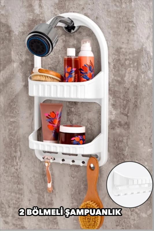 2 Katlı Paslanmaz Banyo Düzenleyici Şampuanlık Raf Plastik Banyo Rafı