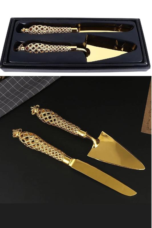 2’li Lüks GOLD Spatula ve Bıçak Seti Pasta Kek Servis Sunum Seti