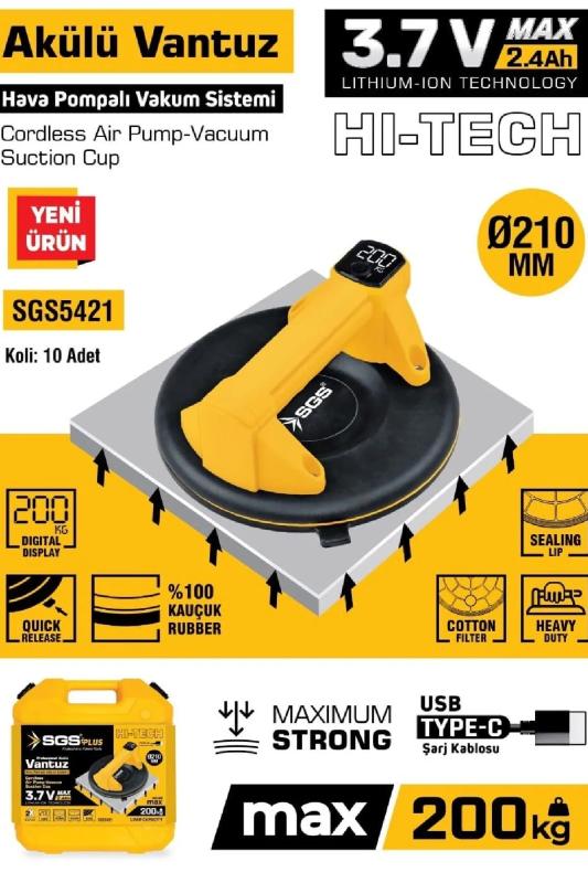 200 KG Akülü Vakumlu Seramik Ahşap Cam Taşıma Vantuzu 3,7 Volt 2 Amper SGS5421