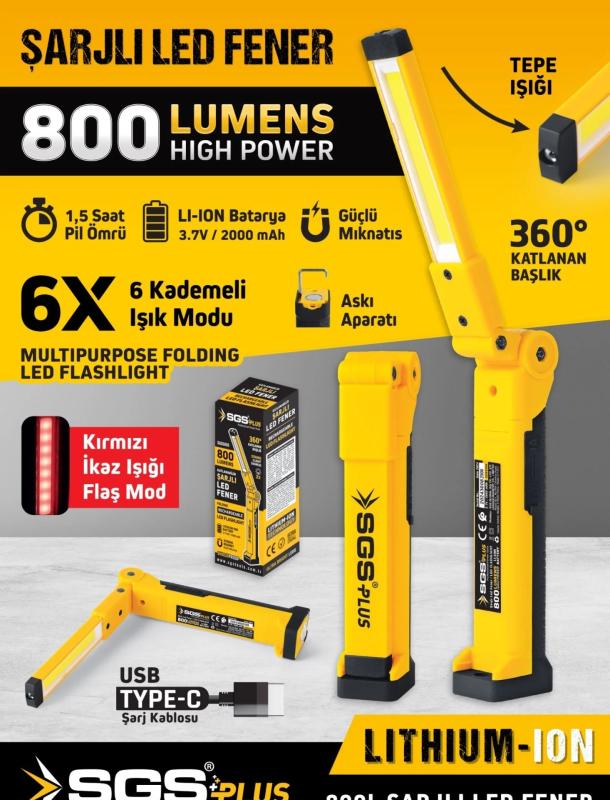 2000 Mah Katlanabilir Şarjlı Led Fener Mıknatıslı 6 Modlu Masa ve Çalışma Lambası 800 Lümen 3.7V