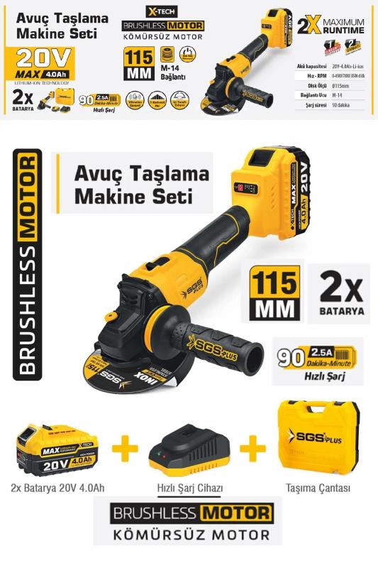 20V Çift Akülü Avuç Taşlama Makinası Seti 2x4.0 Ah Çantalı Taşlama Kömürsüz Motor