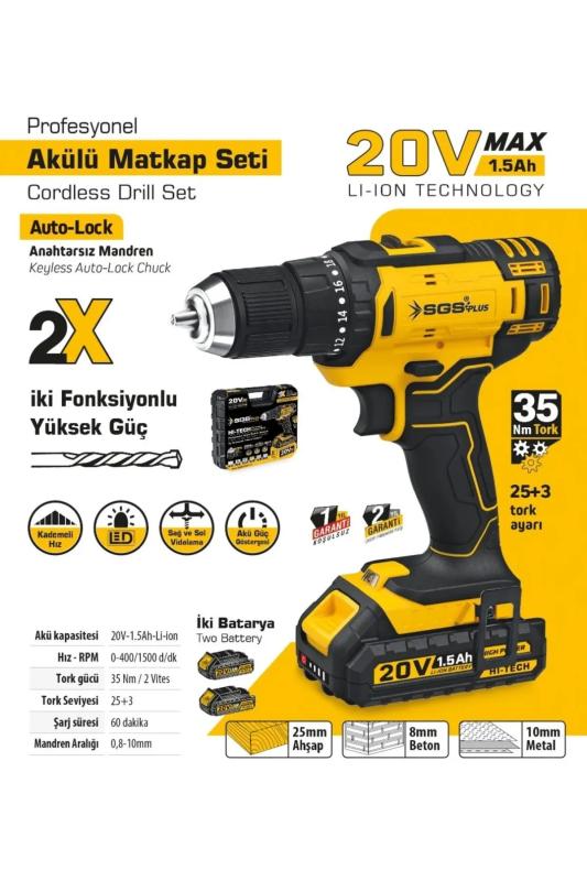 20V Çift Akülü Matkap Çantalı Şarjlı Matkap Seti 2 Vites 35Nm Hızlı Şarj Anahtarsız Mandren 1.5Ah