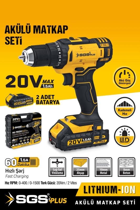 20V Çift Akülü Matkap Çantalı Şarjlı Matkap Seti 2 Vites 35Nm Hızlı Şarj Anahtarsız Mandren 1.5Ah