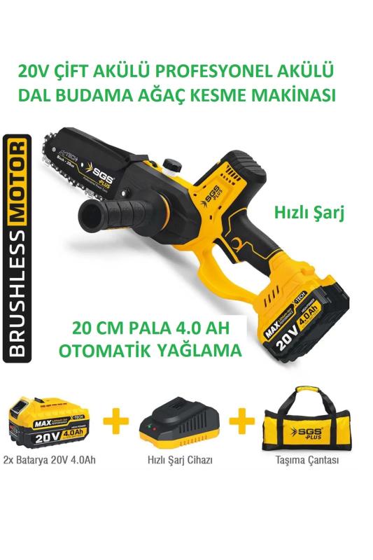 20V Çift Akülü Profesyonel Akülü Dal Budama Ağaç Kesme Makinası 20 Cm Pala 4.0 Ah Otomatik Yağlama