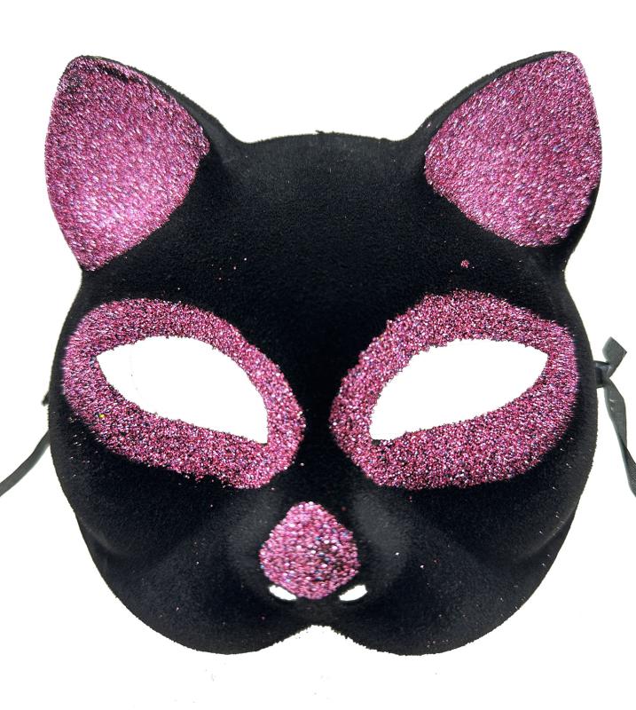 Siyah Renk Pembe Simli Kedi Maskesi