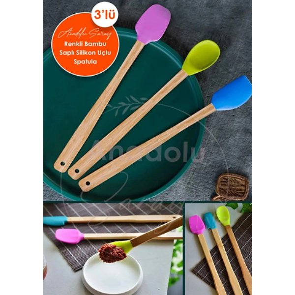 Silikon Uçlu Isıya Dayanıklı Bambu Spatula 3’lü Set