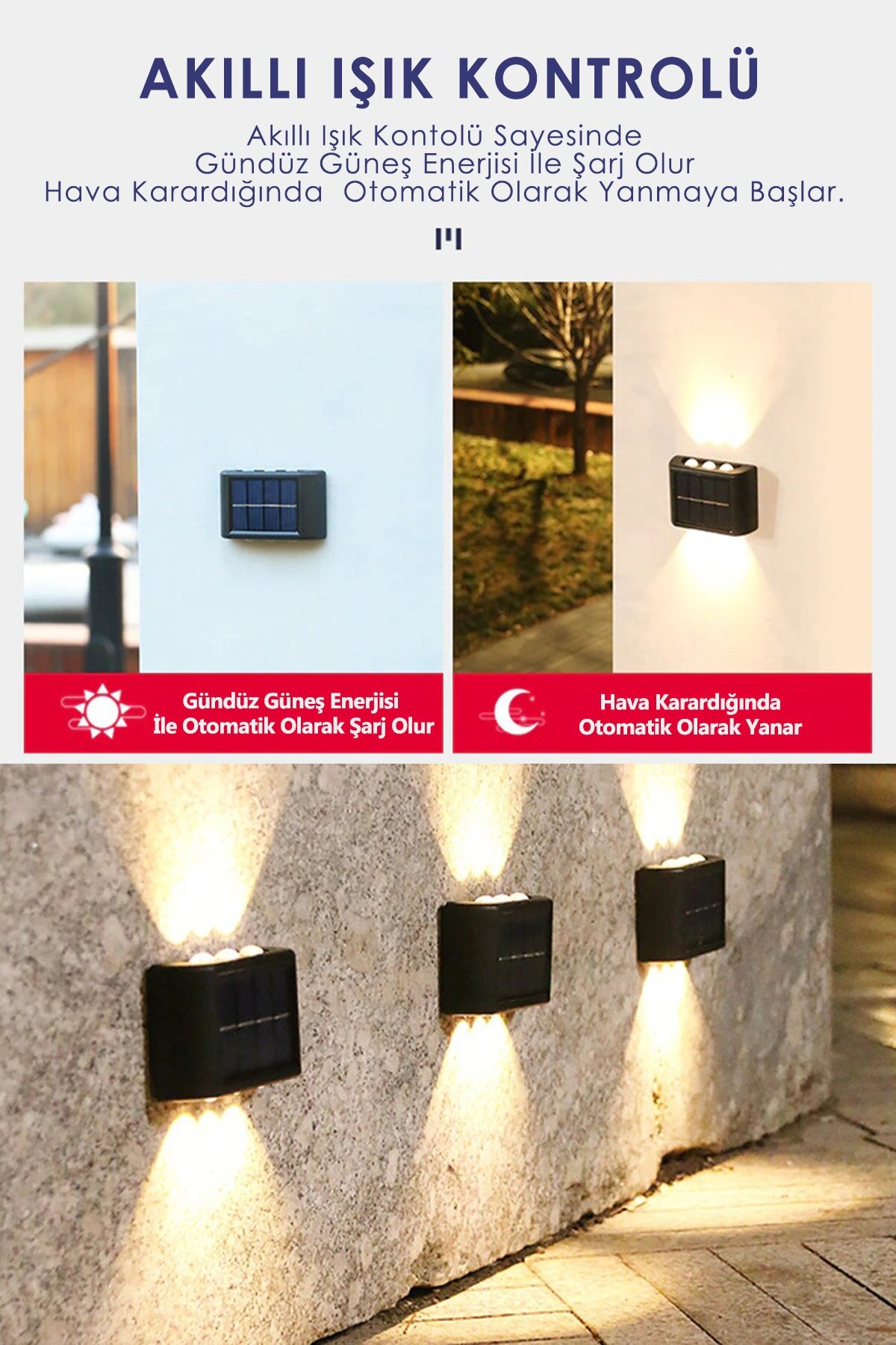 2’li Set Solar Duvar Lambası - 6 Ledli Aplik - Gün Işığı Rengi - IP65 Su Geçirmez