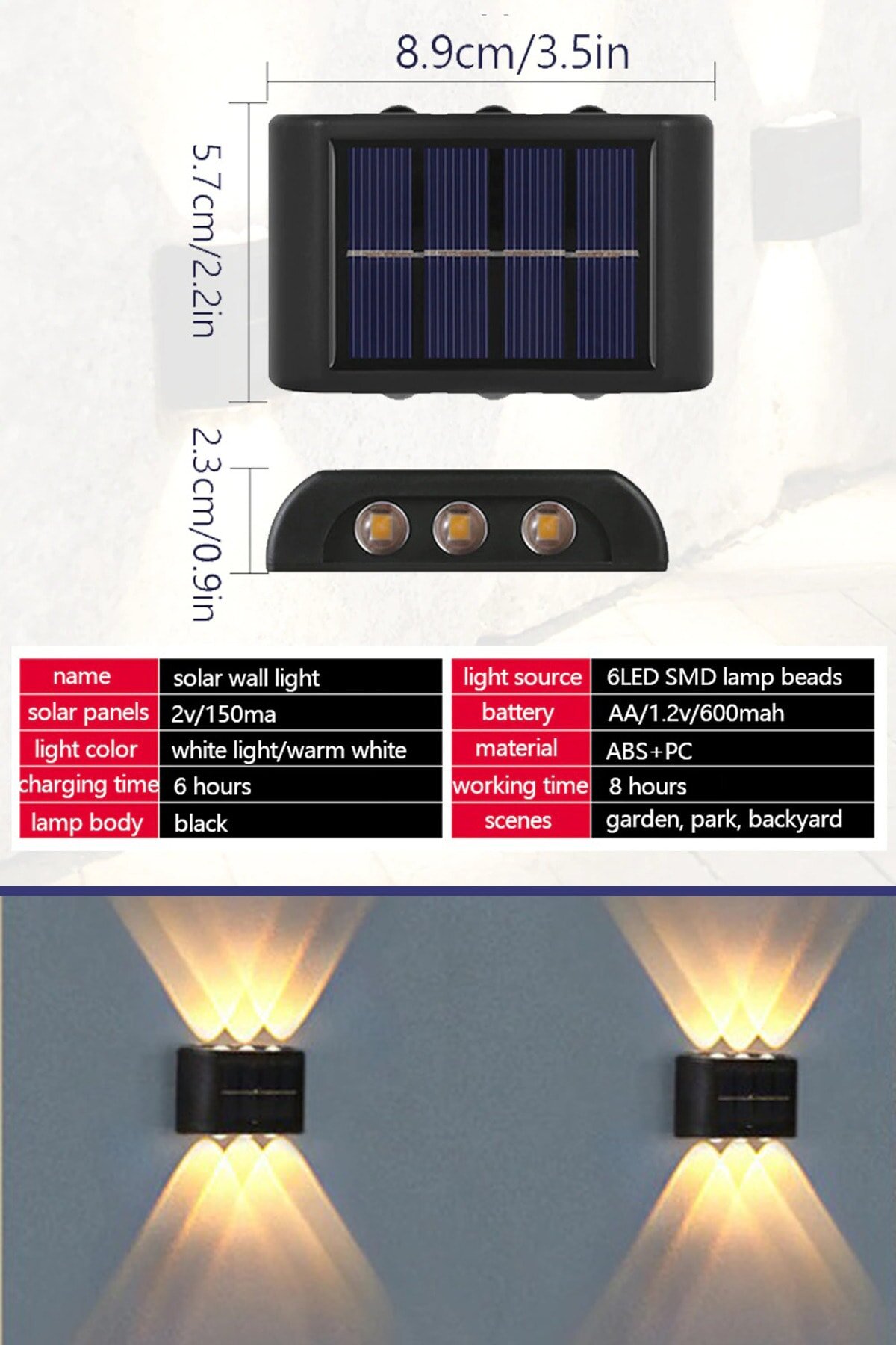 2’li Set Solar Duvar Lambası - 6 Ledli Aplik - Gün Işığı Rengi - IP65 Su Geçirmez