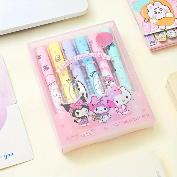 6’lı Fosforlu Kalem Seti - Sanrio Karakterleri, Kuromi, Hello Kitty