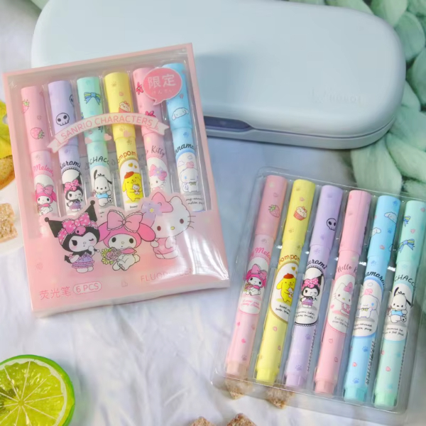 6’lı Fosforlu Kalem Seti - Sanrio Karakterleri, Kuromi, Hello Kitty