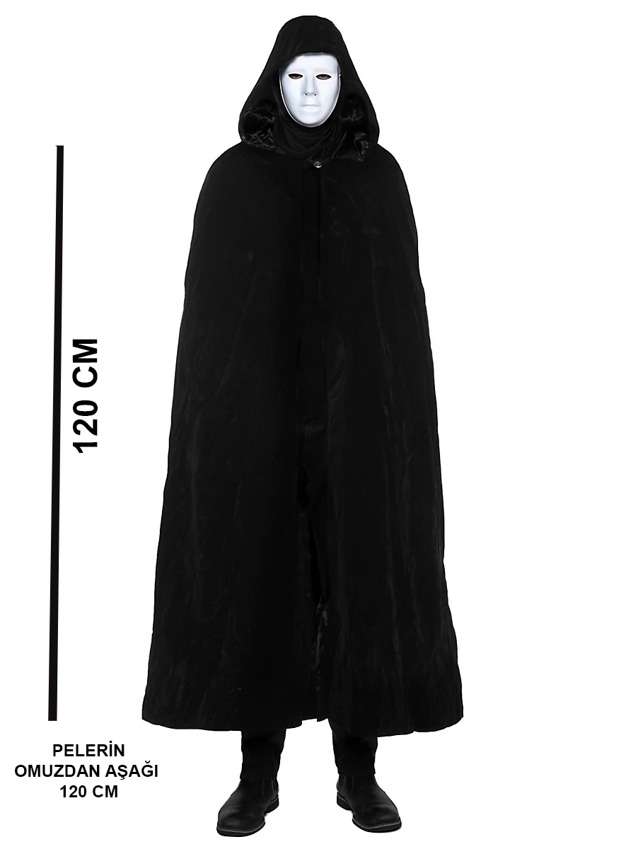 Siyah Kapüşonlu 120 cm Pelerin ve Beyaz Boyanabilir Tam Yüz Maske