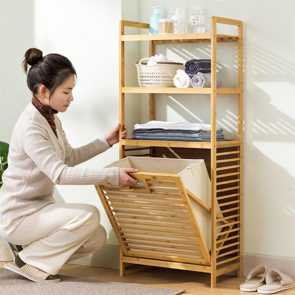 3 Organizer Raflı Ahşap Bambu Çek-Aç Kirli Sepeti