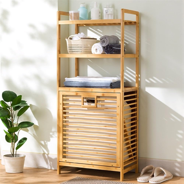 3 Organizer Raflı Ahşap Bambu Çek-Aç Kirli Sepeti
