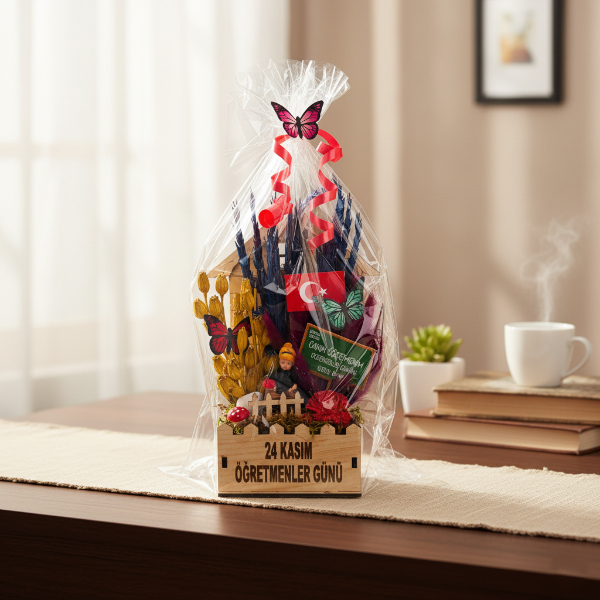 Mini Okul Saksı Hediye Sepeti - Öğretmenler Günü Hediyesi