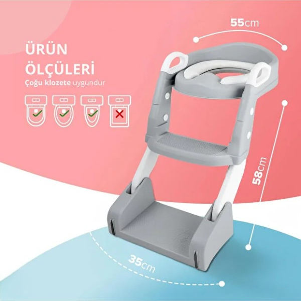 Gri Merdivenli Basamaklı Çocuk Klozet Adaptörü Tuvalet Eğitimi Alıştırma Aparatı
