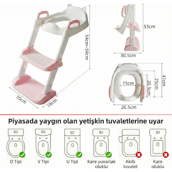 Pembe Merdivenli Basamaklı Çocuk Klozet Adaptörü Tuvalet Eğitimi Alıştırma Aparatı