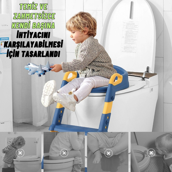 Mavi Merdivenli Basamaklı Çocuk Klozet Adaptörü Tuvalet Eğitimi Alıştırma Aparatı