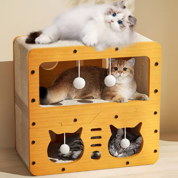 Ahşap İki Katlı Tırmalamalı Kedi Oyun Evi
