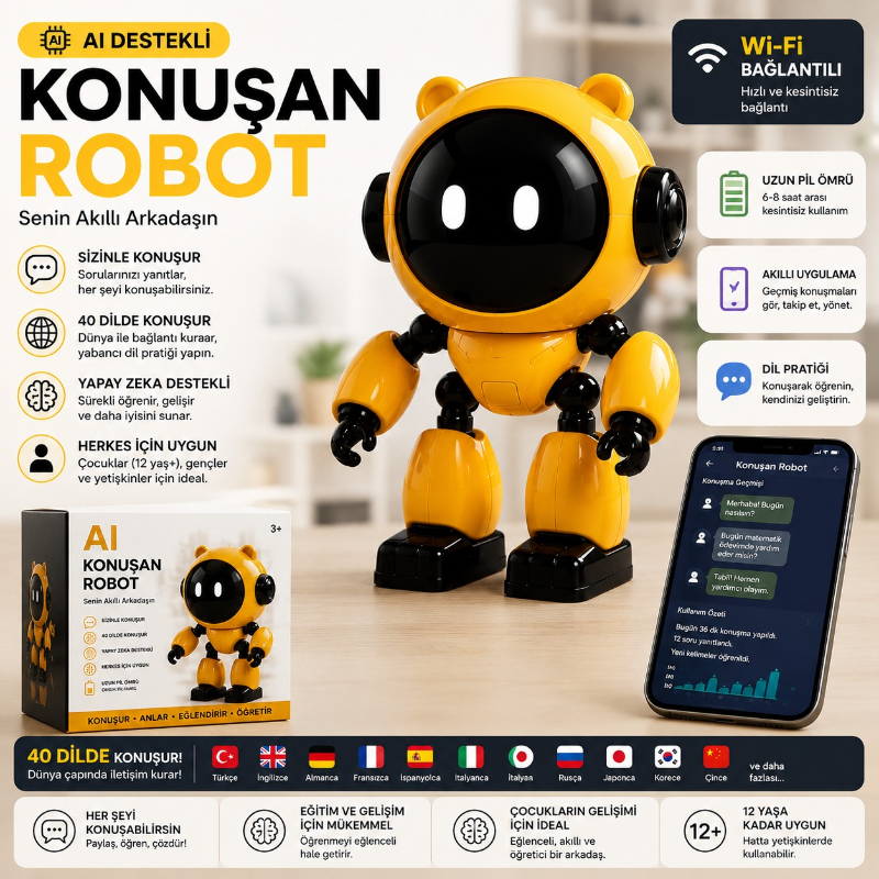 Yapay Zeka Robot Oyuncak - Konuşan Robot - Wi-Fi Uygulamalı - Çocuklar İçin Eğitici Oyuncak